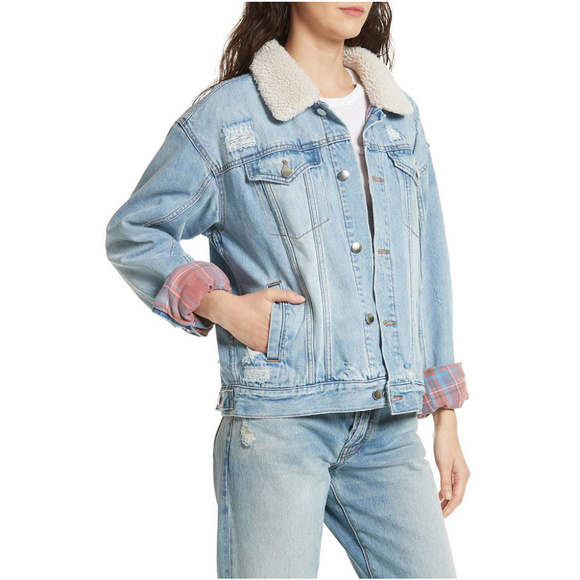 free people plaid lined sherpa trucker jacket